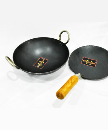 Sonanshi Combo of Iron/Loha/Lokhand Black Premium Durable kadhai (10 Inches) & Pure Iron/Loha Roti/Chapati Tawa (9.5 Inches) with Wooden Handle