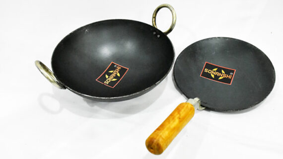 Sonanshi Combo of Iron/Loha/Lokhand Black Premium Durable kadhai (10 Inches) & Pure Iron/Loha Roti/Chapati Tawa (9.5 Inches) with Wooden Handle