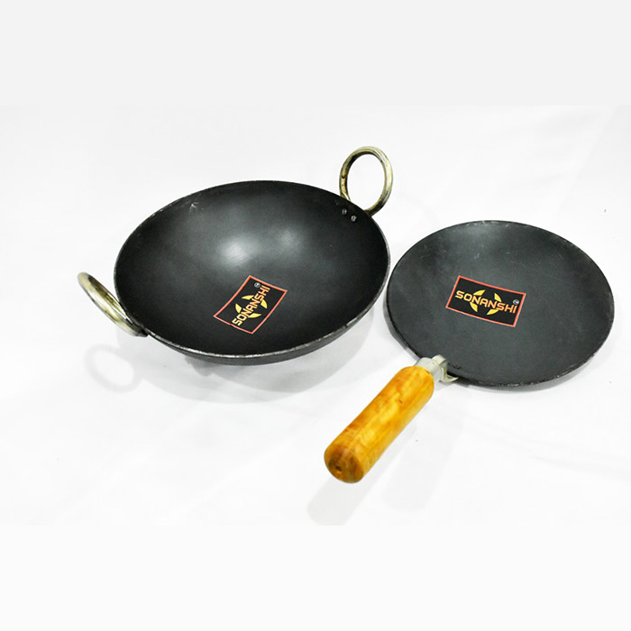 Sonanshi Combo of Iron/Loha/Lokhand Black Premium Durable kadhai (10 Inches) & Pure Iron/Loha Roti/Chapati Tawa (9.5 Inches) with Wooden Handle