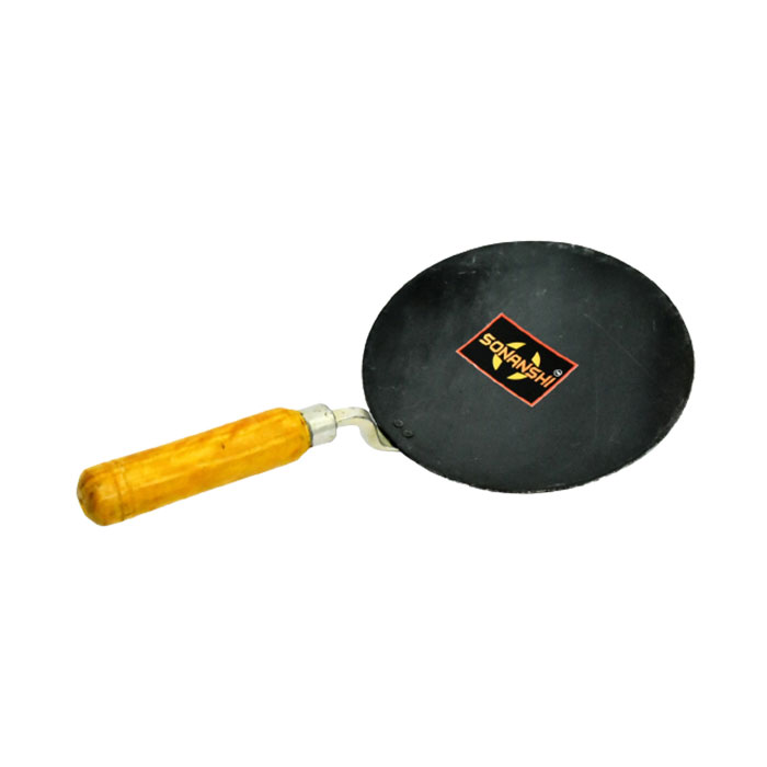 Sonanshi Pure Iron/Loha Roti/Chapati Tawa/Frying pan 9.5 Inches Black with Wooden Handle (Handle Color May Vary)