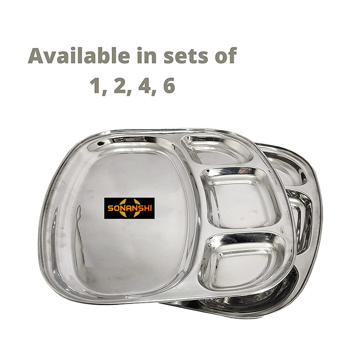 Sonanshi Stainless Steel Curved Shape Bowl Lunch/Dinner Plate/Dosa Thali 4 Compartments