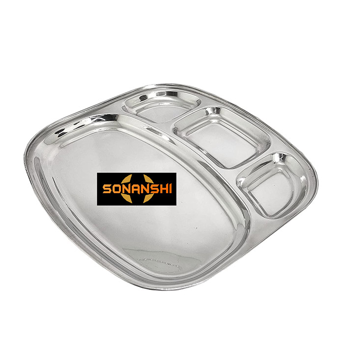 Sonanshi Stainless Steel Curved Shape Bowl Lunch/Dinner Plate/Dosa Thali 4 Compartments