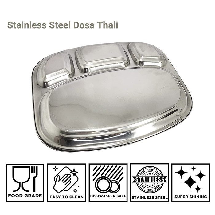 Sonanshi Stainless Steel Curved Shape Bowl Lunch/Dinner Plate/Dosa Thali 4 Compartments