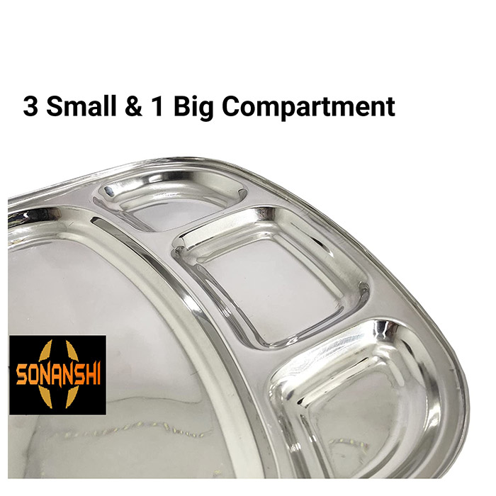 Sonanshi Stainless Steel Curved Shape Bowl Lunch/Dinner Plate/Dosa Thali 4 Compartments