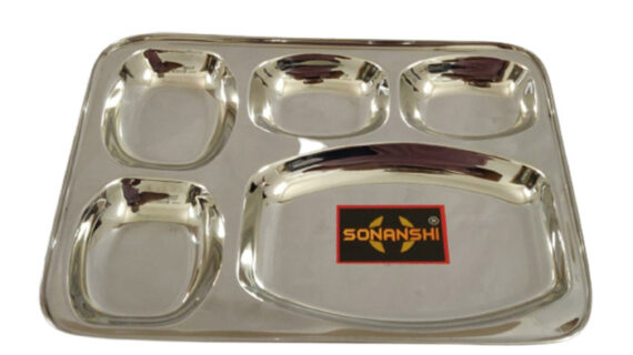 Sonanshi Stainless-Steel Square Shaped 5 in 1 Divided Compartment Bhojan Thali/Dinner Plate