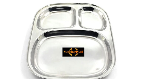 Sonanshi Stainless Steel 3 in 1 - Three Compartment Divided Dinner Plate/Pav Bhaji Plate/Partition Thali/Sectioned Plate/Mess Tray